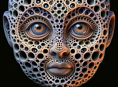 Surreal Face with Circular Hole Patterns, evoking Trypophobia.