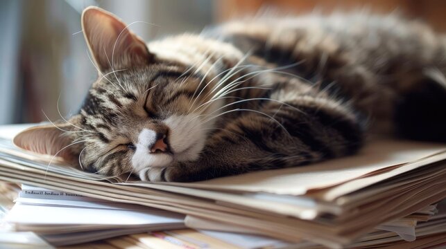 Cat Nap at Work A cat sleeps peacefully on a stack of papers, offering a lighthearted take on workplace productivity