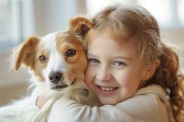 An adorable girl hugs her dog, a bond of friendship visible in their shared gaze The dog is calm, enjoying the embrace