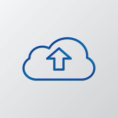 Upload simple icon vector. Flat design. Paper cut design. Cutted blue symbol with shadow. Gray background