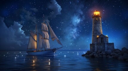 A vintage sailing ship with a lighthouse in sea at night with starring sky