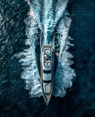 Aerial view of luxury yacht in sea water.