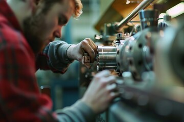 Detailed close-up of an industrial technician, focused, skilled, precise, experienced, concentrated, inspecting machinery in a factory setting