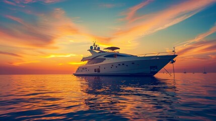 Obraz premium Luxury yacht in sea water at sunset with colorful sky.