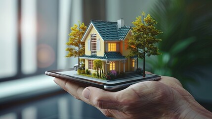 A smartphone application for online search, purchase, sale and booking of real estate. 3D illustration of a house on a smartphone in your hand. Browse, book, and buy homes.