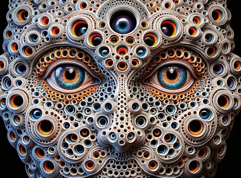 Artistic Face with Vivid Eyes and Intricate Hole Patterns. Trypophobia.