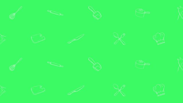 Seamless Loop. Animated Cooking Utensils on Green. 