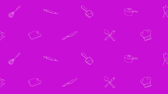 Seamless pattern with white kitchen utensils on a fuchsia background 