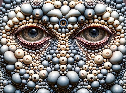 Surreal Face with Eyes and Intricate Bubble Patterns. Trypophobia.