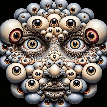 Surreal Face with Numerous Eyes and and Symmetrical Patterns. Trypophobia.