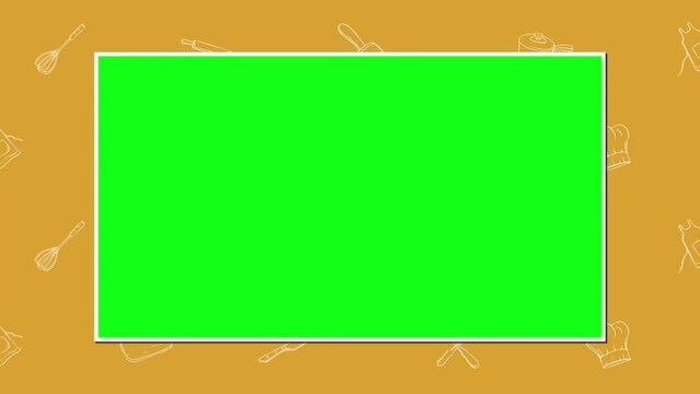 Animated loopable background of kitchen utensils with a green screen insert to add video. 