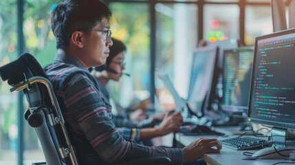 Asian programmer with chronic impairment collaborating with it engineer on software code in modern agency office, app developer in wheelchair working on html script in terminal window