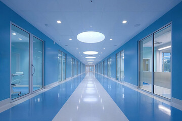 Obraz premium A long hallway with blue walls and white floors
