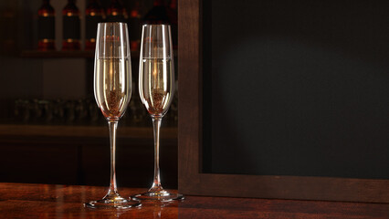 Champagne glasses on a table in an elegant bar at night