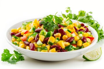Fresh Mexican corn and bean salad on white background