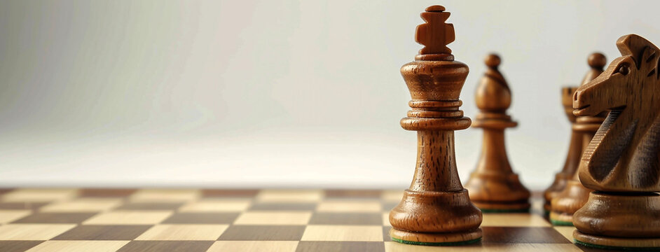wide detailed closeup background banner photo of wooden chess pieces set with white copy space 