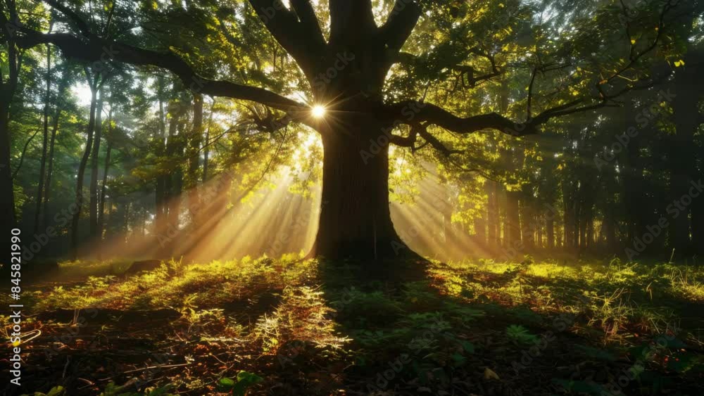 Poster Tree bathed in golden sunlight in a dense forest. Nature and tranquility concept. Generative AI