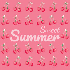 Sweet Summer Cherries with Pink Bow cute Illustration. Vector Illustration EPS10 4