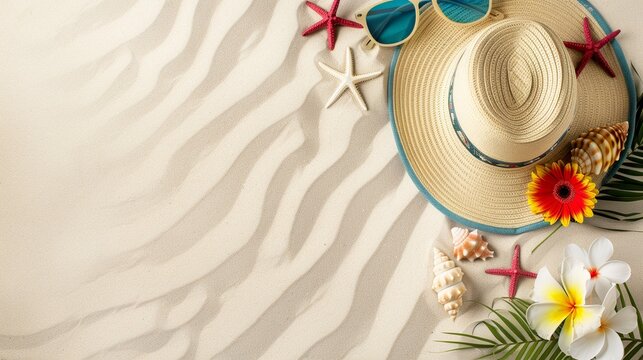Beach hat flower shell on white sand background