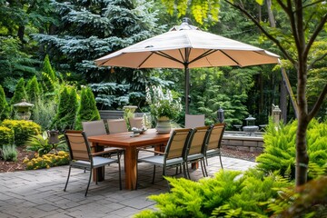Obraz premium Furniture and umbrella outside in yard