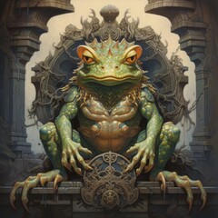 Fototapeta premium Detailed fantasy illustration of a majestic toad sitting on an designed throne exuding a regal and mystical presence