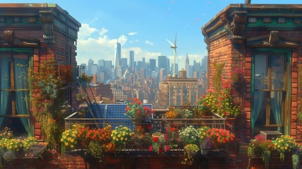 Fototapeta premium Urban Rooftop Garden with Vibrant Flowers and Solar Panels Overlooking City Skyline 