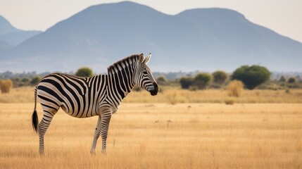 Obraz premium Grazing zebra in a natural habitat, wild animal on outdoor background.