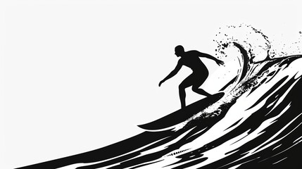 Vector illustration black silhouette of a surfer surfing with high tide with water splashes