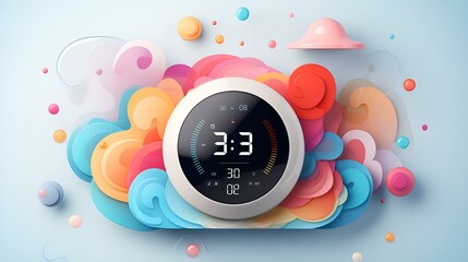 A digital clock displaying the time with vibrant clouds in the background