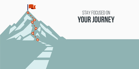 journey concept vector illustration of a mountain with path and a flag at the top, route to mountain peak, business journey and planning concept.