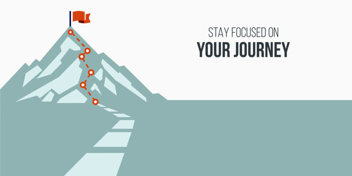 journey concept vector illustration of a mountain with path and a flag at the top, route to mountain peak, business journey and planning concept.