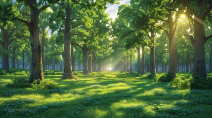 Obraz premium Sunlit Forest with Lush Greenery and Tall Trees 