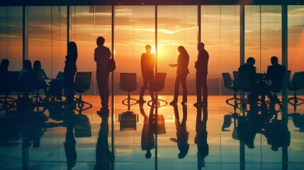 Diverse business team brainstorming and collaborating on innovative ideas in a modern open-plan office environment, focusing on teamwork and productivity