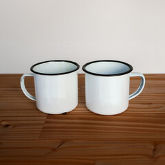 Enamel Mugs Mockup on Wooden Table with White Background