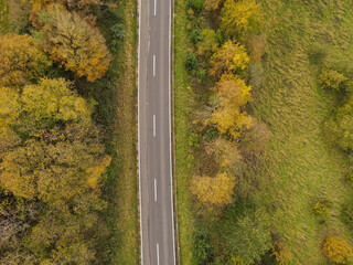 Aerial view of a asphalt road between grass and trees in autumn