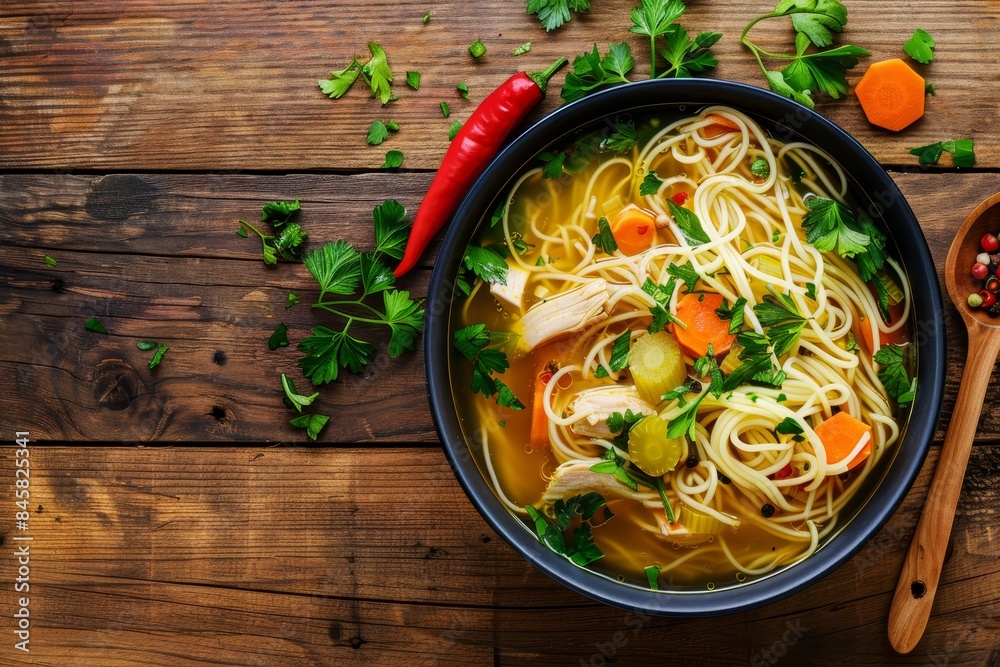 Poster homemade healthy meal chicken noodle soup with vegetables in rustic bowl on wooden background