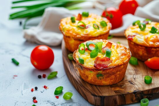 Homemade egg muffins with green onions bacon cheese and tomatoes on wooden board Nutritious high protein breakfast option - Powered by Adobe