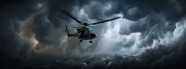 Helicopter Flying Through Hurricane Storm. Hurricane Preparedness Week, National Hurricane Center events, Disaster Preparedness Month