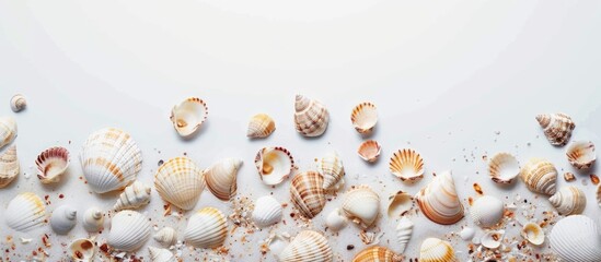 Fototapeta premium Seashells scattered on sandy beach against white background