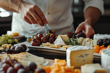Person preparing a cheese board with assorted cheeses and fruits