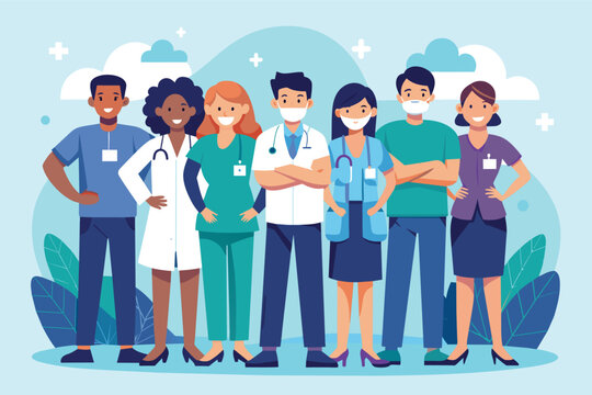 A group of six healthcare workers, representing various genders, ethnicities, and professions, stand together in front of a blue background with clouds and leaves.