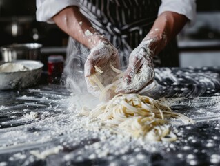 Culinary Creativity: Person Making Pasta from Scratch with Flour Scattered on Counter