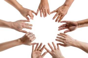 Closeup of multiple hands forming a circle, symbolizing unity and support against a white background with a clipping path