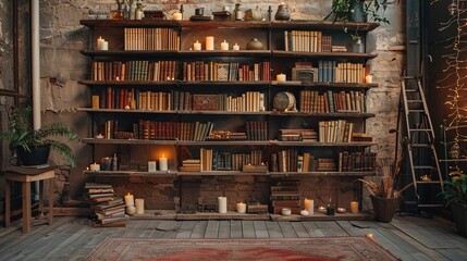 vintage studio photo backdrop with shelves full of books and candles 