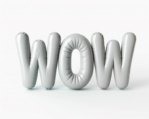 Photo with inflatable word with matte gray letters "wow". Minimalistic balloon lettering isolated on a white background