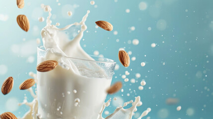 Organic almond milk in a glass beaker. Almond nuts falling in almond splash, isolated on light blue background. Splash with almond nuts.