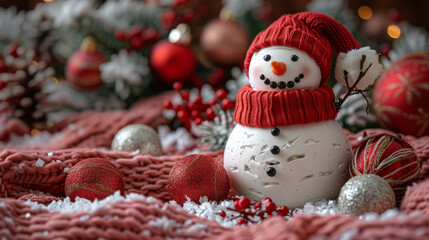 Obraz premium Christmas pattern with a festive snowman wearing cozy red woollen hat and scarf, Christmas decorations and holly. Christmas and New Year greeting card.