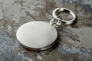 Metal keychain with ellipse shape silver ring logo placeholder dome label isolated background