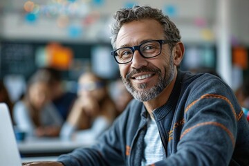 Obraz premium Closeup photo of mature male Caucasian instructor giving guidance using laptop in classroom