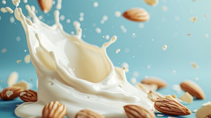 Organic Almond Milk. Almond nuts falling in almond splash, isolated on light blue background. Splash with almond nuts.
